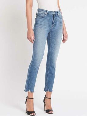 PAIGE Cindy High Rise Straight Jeans Women Size 27 Light Wash Raw Hem